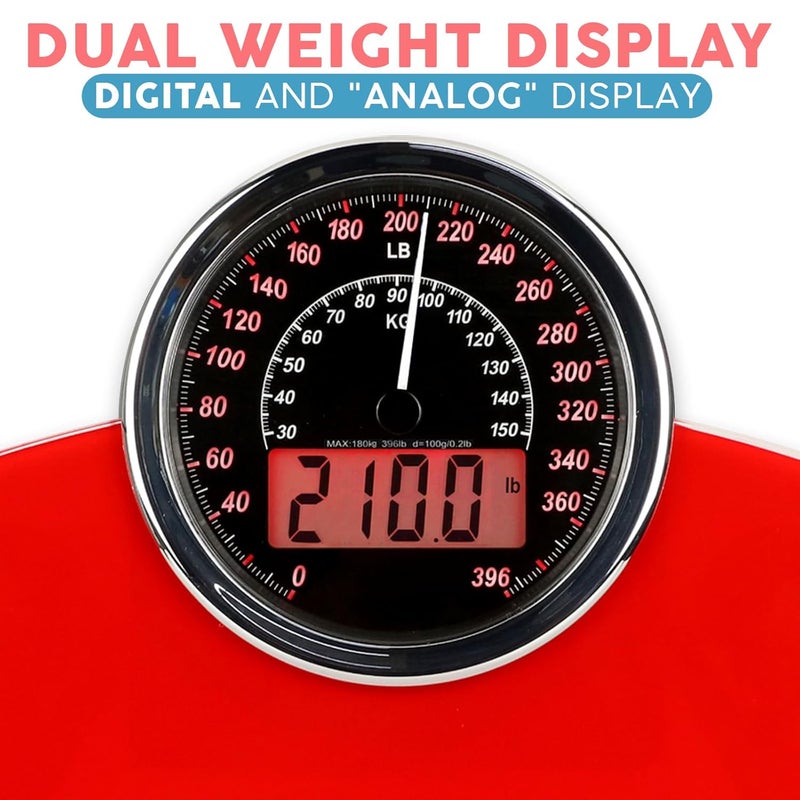 Adamson Hybrid 2-in-1 Analog & Digital Weighing Scale for Body Weight up to 400lbs - Thick Tempered Glass - Extra Large Display - Easy to Read Digital Bathroom Scale - New - Red - Image 3